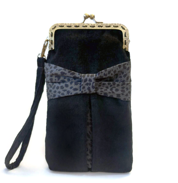 Sac motif leopard noir et gris en velours côtelé avec fermoir vintage bronze